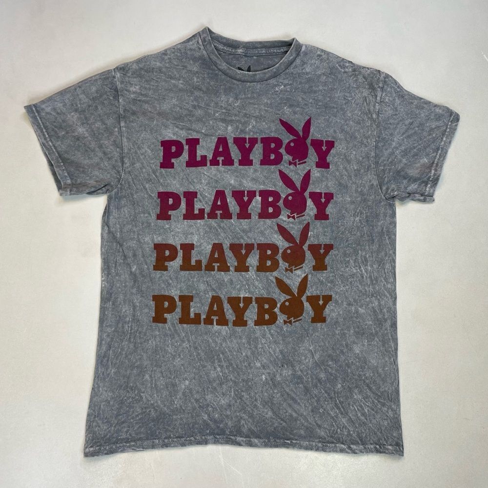 Playboy Logo Graphic T-shirt Women Medium Gray Acid Wash Short Sleeve